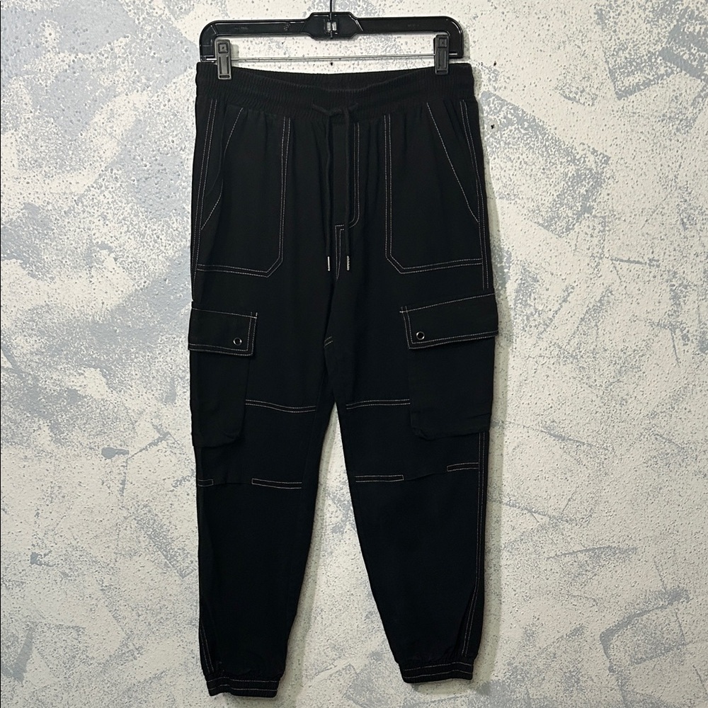 Black Cargo Jogger Pants - Size 10| Contrast Stitch + Pockets